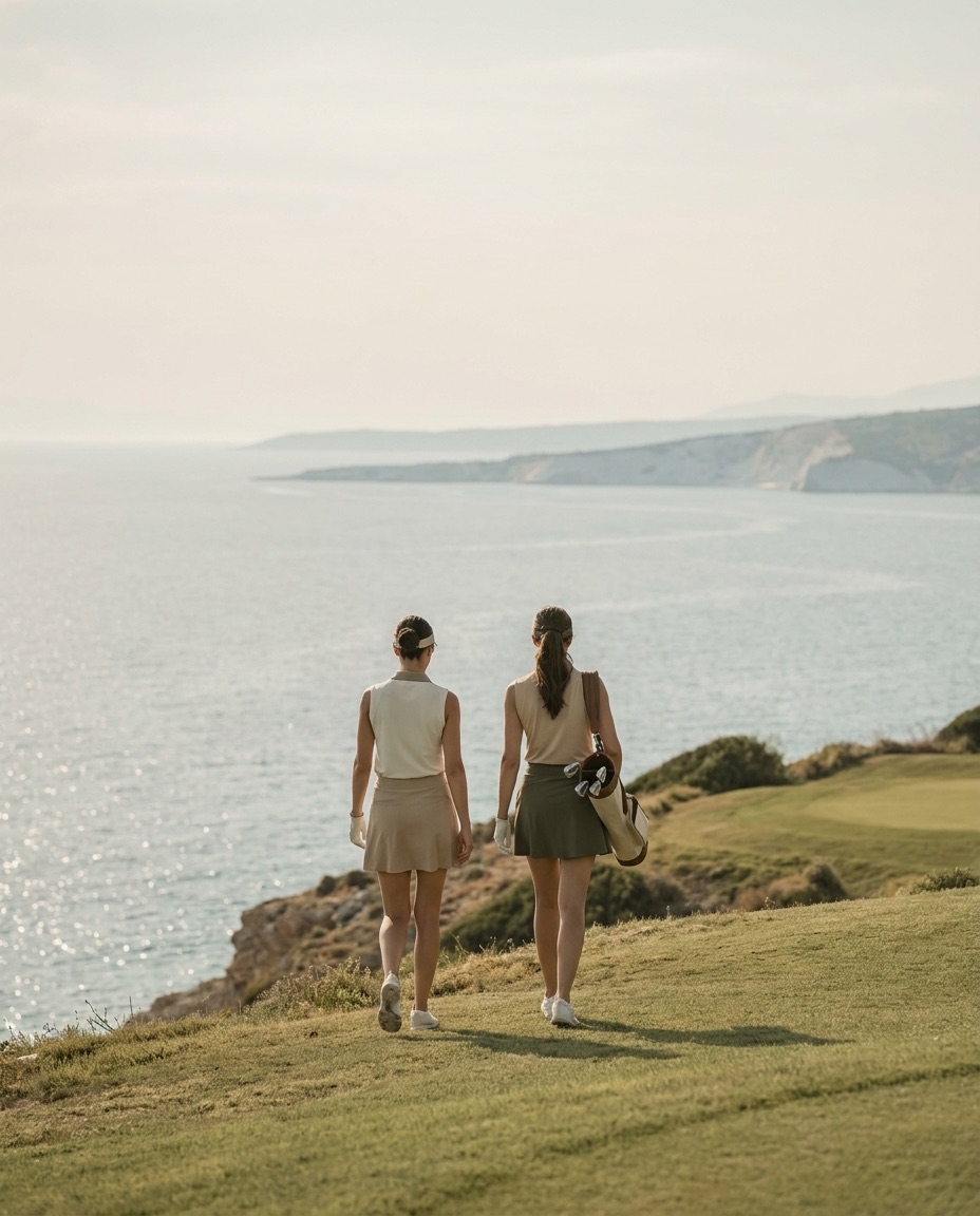 Two women walking a clifftop fairway above the Mediterranean at golden hour