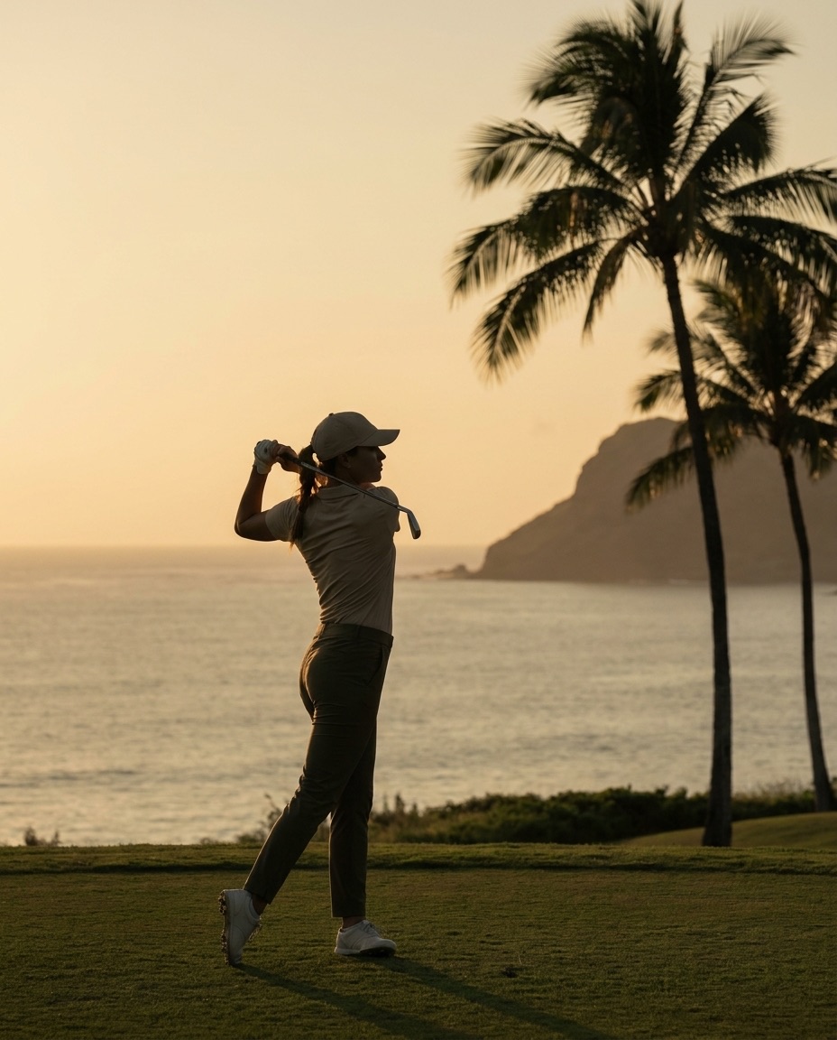 A woman finishing her swing at sunset on an oceanfront course in Hawaii